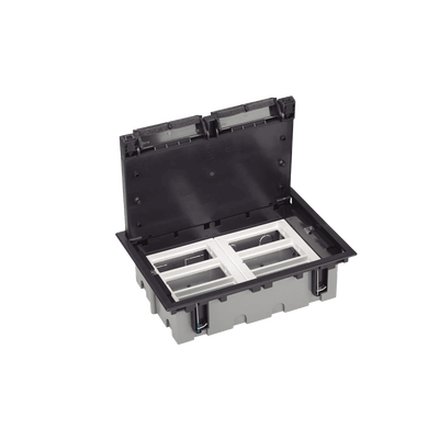 Caja de Suelo o Piso Falso / Capacidad para 6 Módulos / Espacio Embellecedor / Profundidad Ajustable 90 a 120 mm / Agujeros Pre-Perforados / Resistencia al Calor 125°C