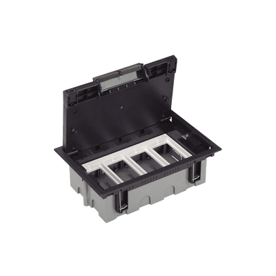 Caja de Suelo Simon / Profundidad Ajustable 70 a 100 mm / Capacidad para 4 Módulos / Incluye Cubeta y Embellecedor / Instalación en Pavimento / Resistencia al Calor +125°C / Carga Máxima 1300 kg
