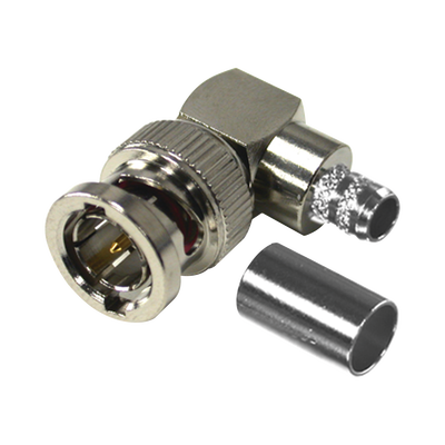 Conector BNC Macho en Ángulo Recto para 75 Ohm, Anillo Plegable en Cable Coaxial RG-6/U, Grupo Q, Níquel/ Oro/ Teflón.