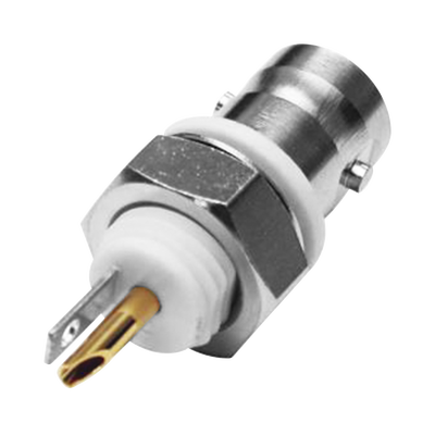 Conector BNC Hembra Aislado para Montaje en Panel Frontal en D-Plano, Soldable para Grupo I, Níquel/ Oro/ Teflón.