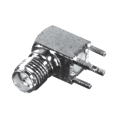Conector SMA Hembra Inverso en Ángulo Recto con PIN Terminal y 4 Patas para Montaje PCB Coaxial, Oro/ Oro/ Teflón.