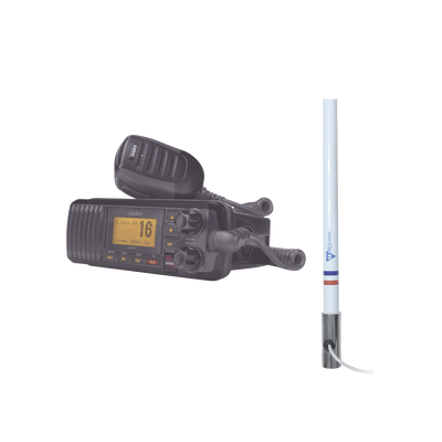 Kit de radio UM385BK | mas antena marina de fibra de vidrio TX-5101SYS/10M fabricada en fibra de vidrio con base roscable de acero inoxidable