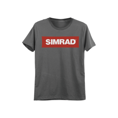 Playera gris talla chica con logo de SIMRAD.