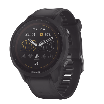 Reloj Garmin Forerunner 955 solar color negro en correa de silicón, con funciones premium de entrenamiento.