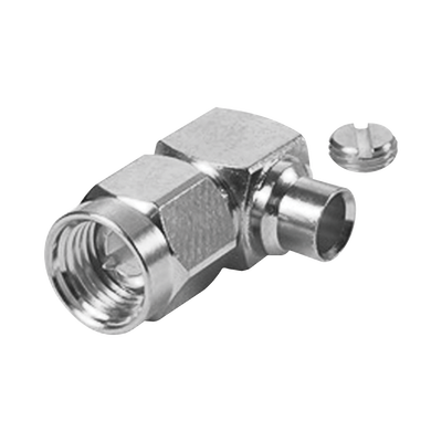 Conector SMA Macho en Ángulo Recto para Cable Semi-Rígido de 0.141" de Diámetro, Níquel/ Oro/ Teflón.