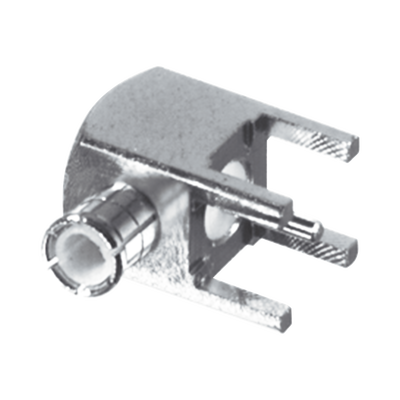 Conector MCX Macho en Ángulo Recto para Montaje en PCB con Terminal y 4 Patas, Oro/ Oro/ Teflón.