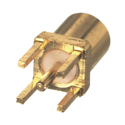 Conector MMCX Hembra para Montaje Vertical con 4 Patas y Terminal para soldar en PCB, Oro/ Oro/ Teflón.