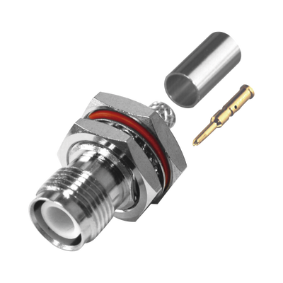 Conector TNC Hembra Inverso de Montaje Trasero en Panel, D-Plano, Hermético de Anillo Plegable para RG-142/U, Níquel/ Oro/ Teflón.