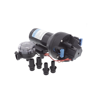 Bomba controlada por presión Par Max para trabajo pesado a 12 Vcd, caudal de 5 GPM, presión máxima 40 psi, para manguera de entrada con orificio de 38 mm (1½”), manguera de descarga con orificio de 25 mm (1”)