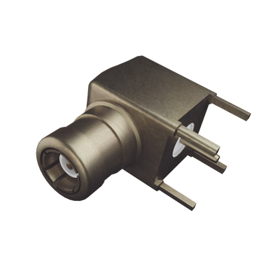 Conector SMB Macho (PIN Hembra) en Ángulo Recto, con Terminal y 4 Patas para Montaje en PCB, Oro/ Oro/ Teflón.â€‹