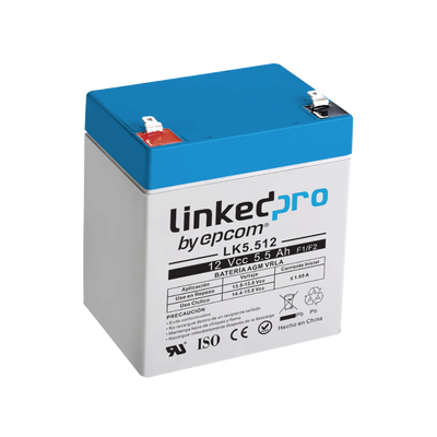 [LK5.512] Batería 12 V / 5.5 Ah / UL / Vida útil promedio 5 años / Tecnología AGM / Para uso en equipo electrónico, Alarmas de Intrusión / Incendio/ Control de acceso / Video Vigilancia / Terminales F1 ( Incluye adaptador F