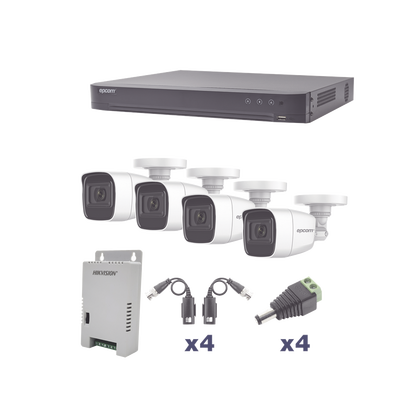 [N4-KEVTX8T4BW/A-204316] KIT TurboHD 1080p / DVR 4 Canales / 4 Cámaras Bala Policarbonato con Audio Integrado (exterior 2.8 mm) / Transceptores / Conectores / Fuente de Poder Profesional