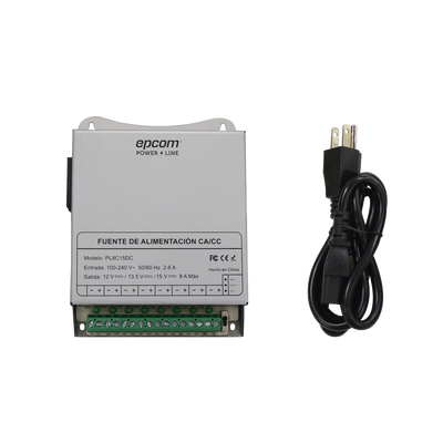 [N4-PL-8C-15DC-218066] Fuente de Poder Metálica / Para 8 Cámaras / Ajustables a 12 o 13.5 o 15 Vcc / 8 Amperes / Instalación en Pared.