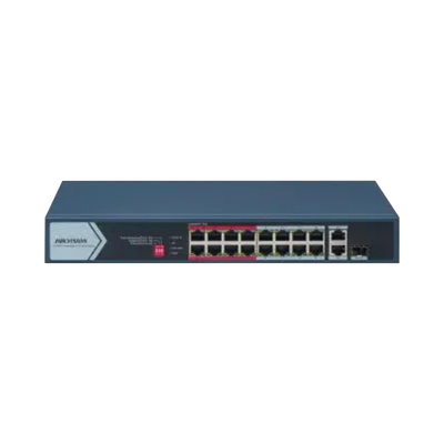 [N4-DS-3E0318P-E/M(C)-217299] Switch PoE+ / No Administrable / 16 Puertos 10/100 Mbps PoE+ / 2 Puertos 1000 Mbps Uplink / 1 Puerto SFP Uplink / Modo Extendido hasta 300 Metros / 130 W