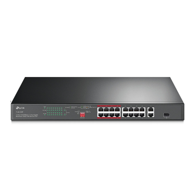 [N4-TL-SL1218P-193837] Switch PoE+ no Administrable 16 puertos 10/100 Mbps + 2 puertos 10/100/1000 Mbps + 1 puerto SFP, 8 puertos Extensor PoE (hasta 250 m), 150W, diseño para Vigilancia IP