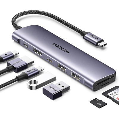 [N4-15214-222219] HUB USB-C (Docking Revodok) 7 en 1 | 2 USB-A 3.0 | 1 USB-C 3.0 (5Gbps) | 1 USB-C PD Carga 100W | HDMI 4K | Lector Tarjetas SD + Micro SD (TF) Uso Simultáneo | Chip de Última Generación | Cable de Nylon Trenzado | Caja de Aluminio.