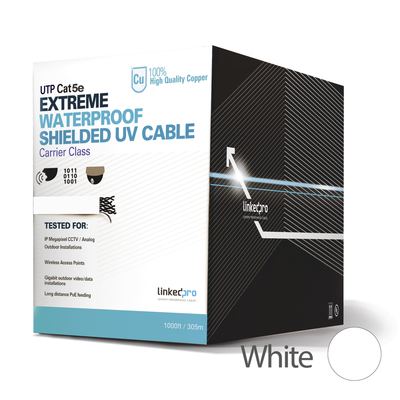 [N4-PRO-CAT5-EXT-LITEW-166498] Bobina de cable de 305 m, Cat5e, para intemperie, sin blindar, color blanco, UL, para aplicaciones en CCTV, redes de datos.
