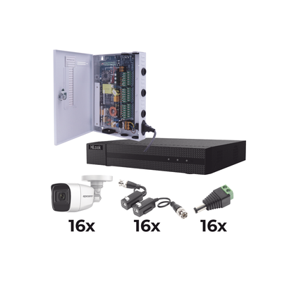 [N4-KESTX8T16BGP/A-209961] KIT TurboHD 1080p / DVR 16 Canales / 16 Cámaras Bala Policarbonato con Microfono (exterior 2.8 mm) / Transceptores / Conectores / Fuente de Poder Profesional