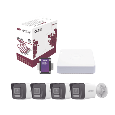 [N4-KIT4MP/4B/1TB-227229] Kit IP 4 Megapixel / NVR de 4 Canales con 4 Puertos PoE / 4 Cámaras IP Bala Dual Light (IR + Luz Blanca) con Microfono Integrado y ACUSENSE Lite para Exterior/ Bobina de Cable de 100 mts / SSD de 1 TB