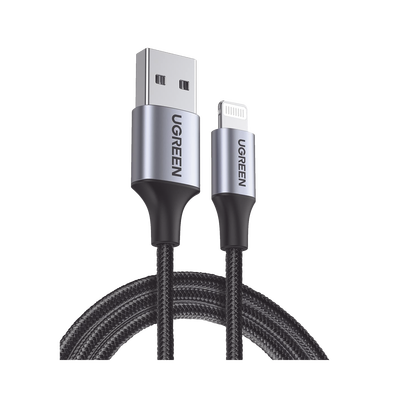 [N4-60156-215509] Cable USB-A a Lightning | 1 Metro | Certificado MFi | Carga Rápida 5V/2.4 A | 480 Mbps | Conector C94 | Adecuado para iPhone, iPad y iPod | Protección Integrada | Caja de Aluminio | Nylon Trenzado | Color Negro.
