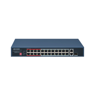 [N4-DS-3E0326P-E/M(C)-217300] Switch PoE+ / No Administrable / 24 Puertos 10/100 Mbps PoE+ / 2 Puertos 1000 Mbps Uplink / 1 Puerto SFP Uplink / Modo Extendido hasta 300 Metros / 230 W