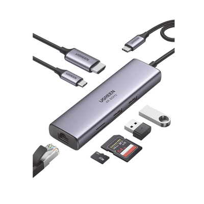 [N4-60515-209924] HUB USB-C (Docking Station) 7 en 1 | 2 USB-A 3.0 (5Gbps) | 1 USB-C PD Carga 100W | HDMI 4K@60Hz | RJ45 (Gigabit Ethernet) | Lector Tarjetas SD + Micro SD (TF) Uso Simultáneo | Cable de Nylon Trenzado | Caja de Aluminio.