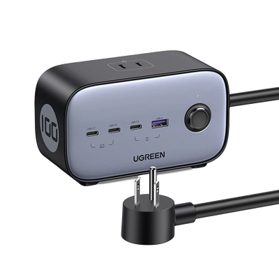 [N4-40896-215481] Cargador de Escritorio y Tomacorriente Múltiple | 3 Puertos USB-C | 1 Puertos USB-A | 3 Tomacorriente de CA | Tecnología GaN II | 1 USB 100W PD | Carga Rápida | Diseño Innovador en Forma de Cubo | Interruptor de Apagado.