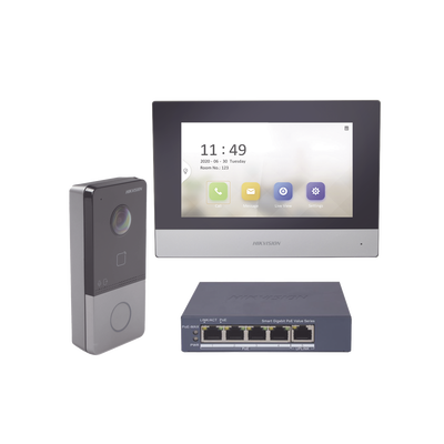 [N4-DS-KIS603-P/S-234163] Kit de Videoportero IP + Switch Poe Poe Estandar con llamada a App de Smartphone (HikConnect) / Apertura con tarjeta MIFARE / Frente de calle IP65 / Soporta 1 Departamento