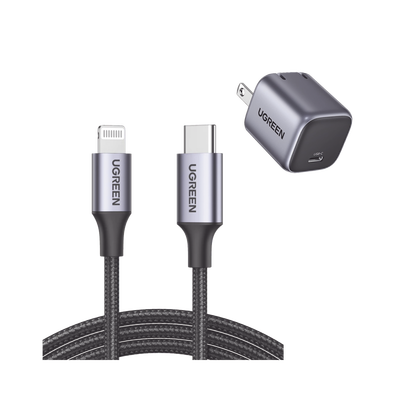 [N4-90902US304-220813] Kit de Cargador de 20w Tecnología GaN y Cable Lightning Certificado MFi / Incluye 1 Pza. 90902 / 1 Pza. 60759 / Tecnología Inteligente / Carga Rápida / Cable de 1 Metro / Carcasa de Aluminio / Nylon Trenzado