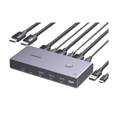 [N4-25962-231258] Conmutador KVM DisplayPort 8K | DP 1.4 | 2 Entradas 1 Salida | 4 Puertos USB 3.0 (3 USBA *1 USBC) | Soporta 8K@60Hz | HDR | Control de Escritorio | Carcasa de Aluminio | Indicador Led | Compatible Win, MacOs y Linux.