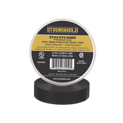 [N4-ST43-075-66BK-213527] Cinta Eléctrica STRONGHOLD para Aislar, de PVC, Uso Profesional en Construcción Eléctrica, Grosor 0.18mm (7 mil), Ancho 19mm, y 20m Largo, Color Negro.