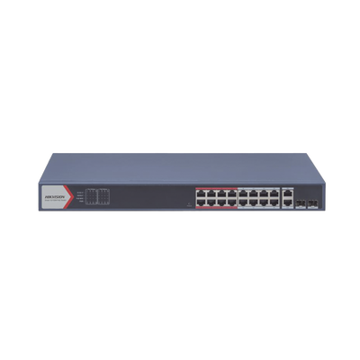 [N4-DS-3E1318P-EI(B)-233612] Switch PoE+ / Monitoreable / 16 puertos 10/100 Mbps PoE+ / 2 Puertos 1000 Mbps Uplink / 2 Puertos SFP de Uplink /  Configuración Nube Hik-Partner Pro / Modo Extendido hasta 300 metros / 230 W
