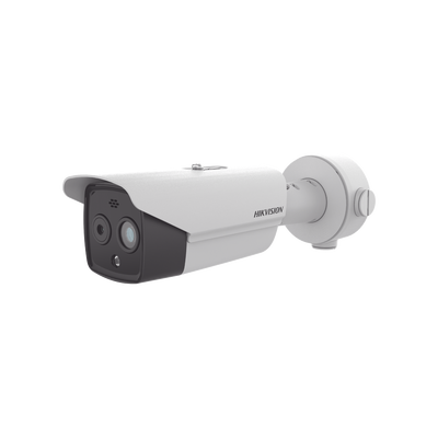 [N4-DS-2TD2628-3/QA-204705] Bala IP Dual / Térmica 3.6 mm (256 × 192) / Óptico 4.3 mm (4 Megapixel) / 30 mts IR / Exterior IP67 / PoE / Termométrica / Detección de Temperatura / Sirena y Luz Intermitente Integrada / MicroSD