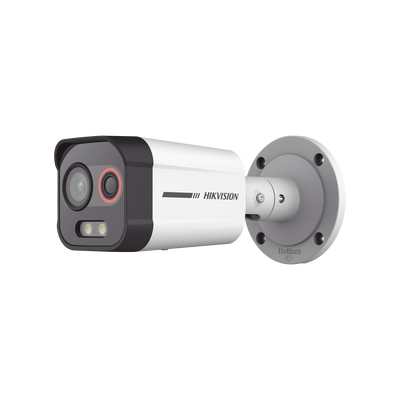 [N4-DS-2TD2608-1/QA/FP-233983] Bala IP Dual / Térmica 1.3 mm (96 x 72) / Óptico 4 mm (4 Megapixel) / Detección de Excepciones de Temperatura 30 mts /30 mts Luz Blanca / Exterior IP67 / PoE / Sirena y Luz Intermitente Integrada / Micro SD / ColorVu y ACUSENSE