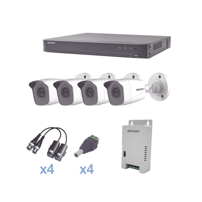 [N4-KEVTX8T4BW-88124] KIT TurboHD 1080p / DVR 4 Canales / 4 Cámaras Bala Metálicas (exterior 2.8 mm) / Transceptores / Conectores / Fuente de Poder Profesional