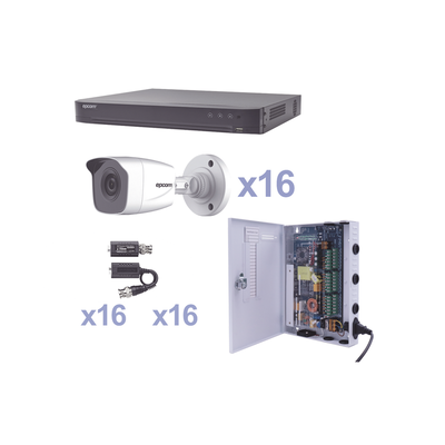 [N4-KEVTX8T16BW-88126] KIT TurboHD 1080p / DVR 16 Canales / 16 Cámaras Bala (exterior 2.8 mm) / Transceptores / Conectores / Fuente de Poder Profesional