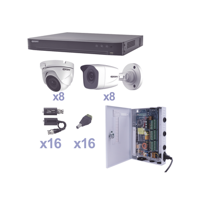 [N4-KEVTX8T8B/8EW-88135] KIT TurboHD 1080p / DVR 16 Canales / 8 Cámaras Bala (exterior 2.8 mm) / 8 Cámaras Eyeball (exterior 2.8 mm) / Transceptores / Conectores / Fuente de Poder Profesional