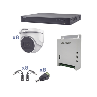 [N4-KH1080P8DW-170631] Kit TURBOHD 1080p / DVR 8 Canales / 8 Cámaras Turret (exterior 2.8 mm) / Conectores / Transceptores / Fuente de Poder Profesional hasta 15 Vcc para Larga Distancia