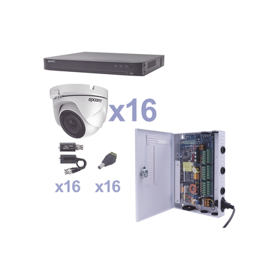 [N4-KEVTX8T16EW-88217] KIT TurboHD 1080p / DVR 16 Canales / 16 Cámaras Eyeball (exterior 2.8 mm) / Transceptores / Conectores / Fuente de Poder Profesional