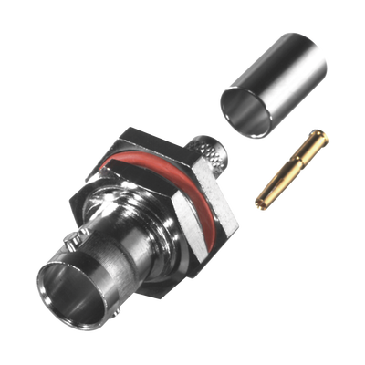 [N4-RFB-1717-192438] Conector BNC Hembra para Chasis en D-Plano con Aro de Goma, Anillo Plegable para RG-59/U, Grupo D, 75 Ohm, Níquel/ Oro/ Delrin