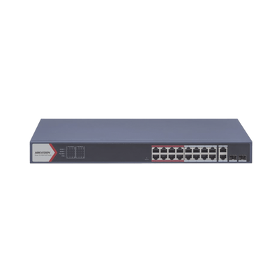 [N4-DS-3E1318P-EI-192089] Switch PoE+ / Monitoreable / 16 puertos 10/100 Mbps PoE+ / 2 Puertos 1000 Mbps Uplink / 2 Puertos SFP de Uplink /  Configuración Nube Hik-Partner Pro / Modo Extendido hasta 300 metros / 230 W