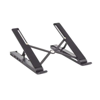 [N4-80551-208425] HUB (Docking Station) 5 en 1 con Soporte para Laptop | 2 USB 3.0 a 5Gbps | HDMI 4K@30Hz | Memoria Micro SD (TF) + SD | Amplia Compatibilidad de 10-15" | Ajuste de Altura | Aluminio | PC+ABS | Silicona | Color Negro.