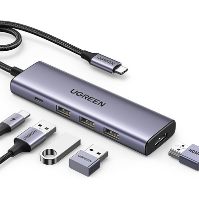 [N4-15596-222221] HUB USB-C (Docking Station) 5 en 1 | HDMI 2.0 4K@30Hz | 3 USB-A 3.0 (5Gbps) | USB-C PD Carga 100W | Potente Disipación de Calor | Chip de Ultima Generación | Cable de Nylon Trenzado de 25 cm | Carcasa de Aluminio.