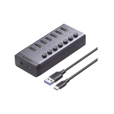 [N4-30778-206941] HUB de 7 Puertos USB 3.0  / 4 puertos de Carga Inteligente / Interruptor Individual / Indicadores LED / USB 3.0 a 5Gbps / 1 USB-C Hembra (solo datos) / Incluye Adaptador de Corriente 12V 2A / 7 en 1