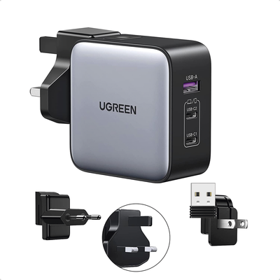 [N4-90409-218162] Cargador Universal de Viaje 65W | Contiene 3 Enchufes Internacionales (EU/UK/US) | Serie Nexode | 3 Puertos de Carga Rápida | 2 USB-C | 1 USB-A | Tecnología GaN II | PD 3.0 | QC 4.0 | Carga Inteligente | Carcasa Ignifuga