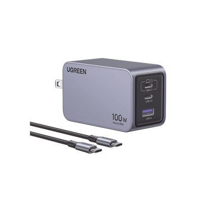 [N4-25873-228652] Cargador de 100W serie Nexode Pro | 3 Puertos de Carga Rápida | 2 USB-C | 1 USB-A | Tecnología GaNInfinity | PD3.1 de 100W / QC4.0 | Tecnología de Protección Térmica | Optimiza la Carga | Caja de Aluminio | Incluye Cable