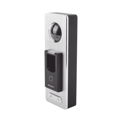 [N4-DS-K1T501SF-152034] 2 EN 1 / Lector Biométrico IP65 con Función de Videoportero y lector QR Incluida/ Llamada a APP de Smartphone Hik-Connect P2P (No requiere monitor) /  Soporta Tarjetas - Huellas - Códigos QR / Cámara 2 MP Compatible con DVRs y