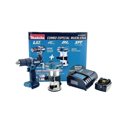 [N4-DLX2463ST-212780] kit de Rotomartilló DHP487 +Fresadora Multifuncional DRT50, Incluye 1 Cargador Rápido DC18SD y 1 Batería li-Ion de 5.0 Ah Modelo BL1850B.