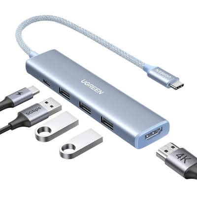 [N4-35581-232207] HUB USB-C (Docking Revodok) 5 en 1 | HDMI 2.0 4K@30Hz | 3 USB-A 3.0 (5Gbps) | USB-C PD Carga 100W | Chip de Última Generación | Cable de Nylon Trenzado de 25 cm | Carcasa de Aluminio | Color Azul.