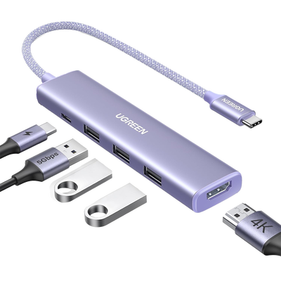 [N4-35582-232210] HUB USB-C (Docking Revodok) 5 en 1 | HDMI 2.0 4K@30Hz | 3 USB-A 3.0 (5Gbps) | USB-C PD Carga 100W | Chip de Última Generación | Cable de Nylon Trenzado de 25 cm | Carcasa de Aluminio | Color Morado.